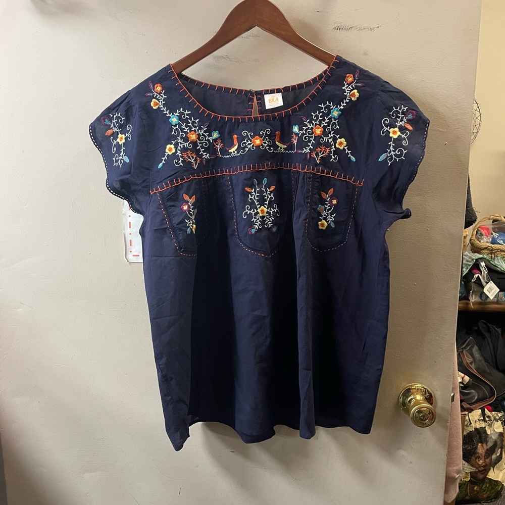 Bila boho border, plus size short sleeve navy, embroidered top